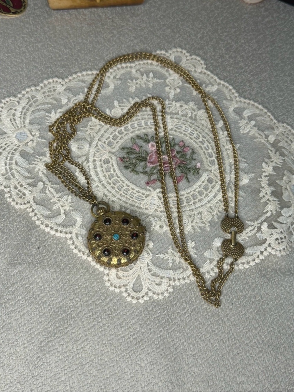 Vintage Goldette Pillbox Pendant Necklace with Colored Stones